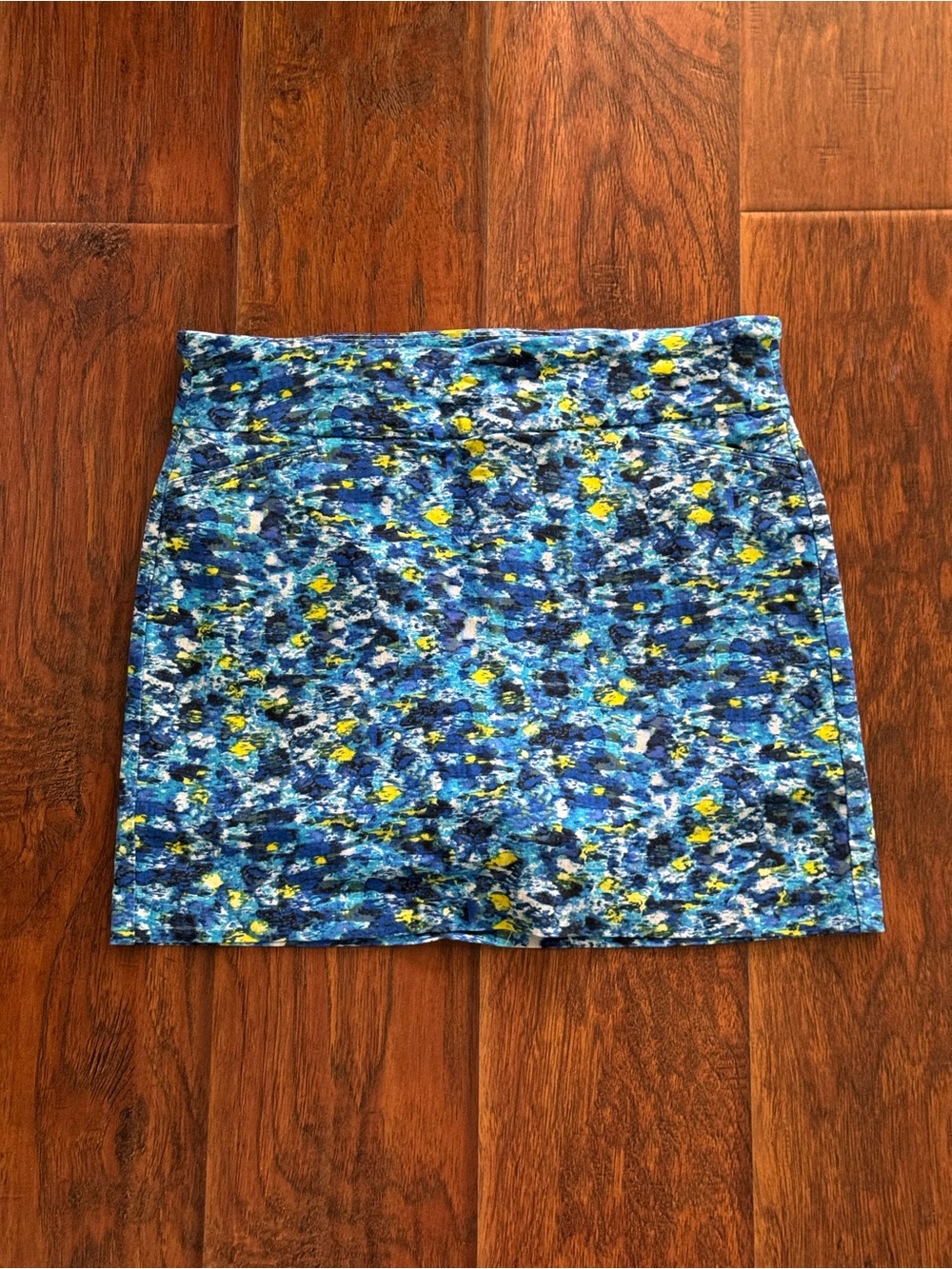 Attyre Blue Abstract Print Mini Skirt with Yellow Accents